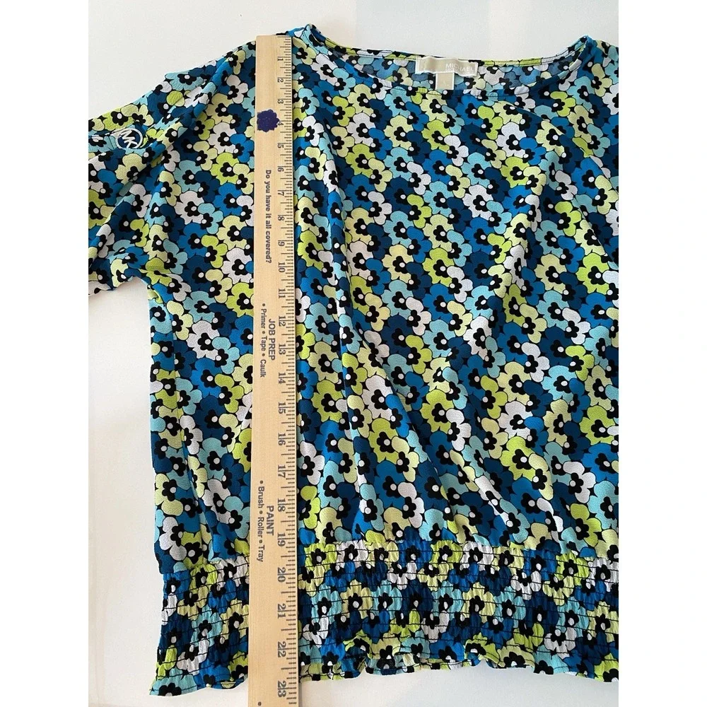Michael Kors Short Sleeve Blouse Sz Large Smocked Hem Blue Teal Floral Designer